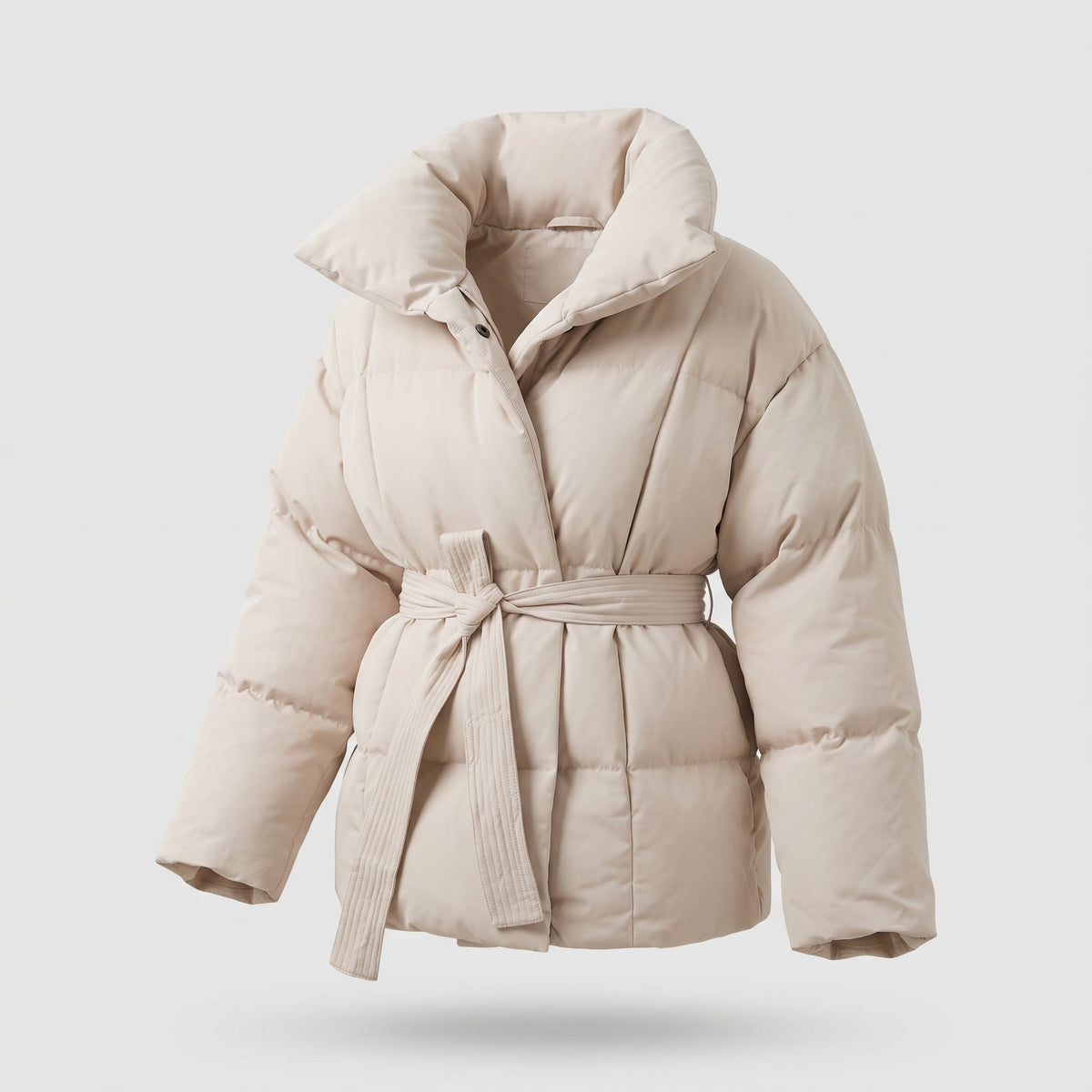Women's Belted Puffer Coat with Stand Collar