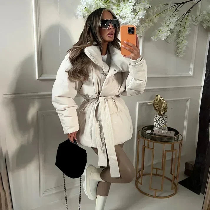 Women's Belted Puffer Coat with Stand Collar