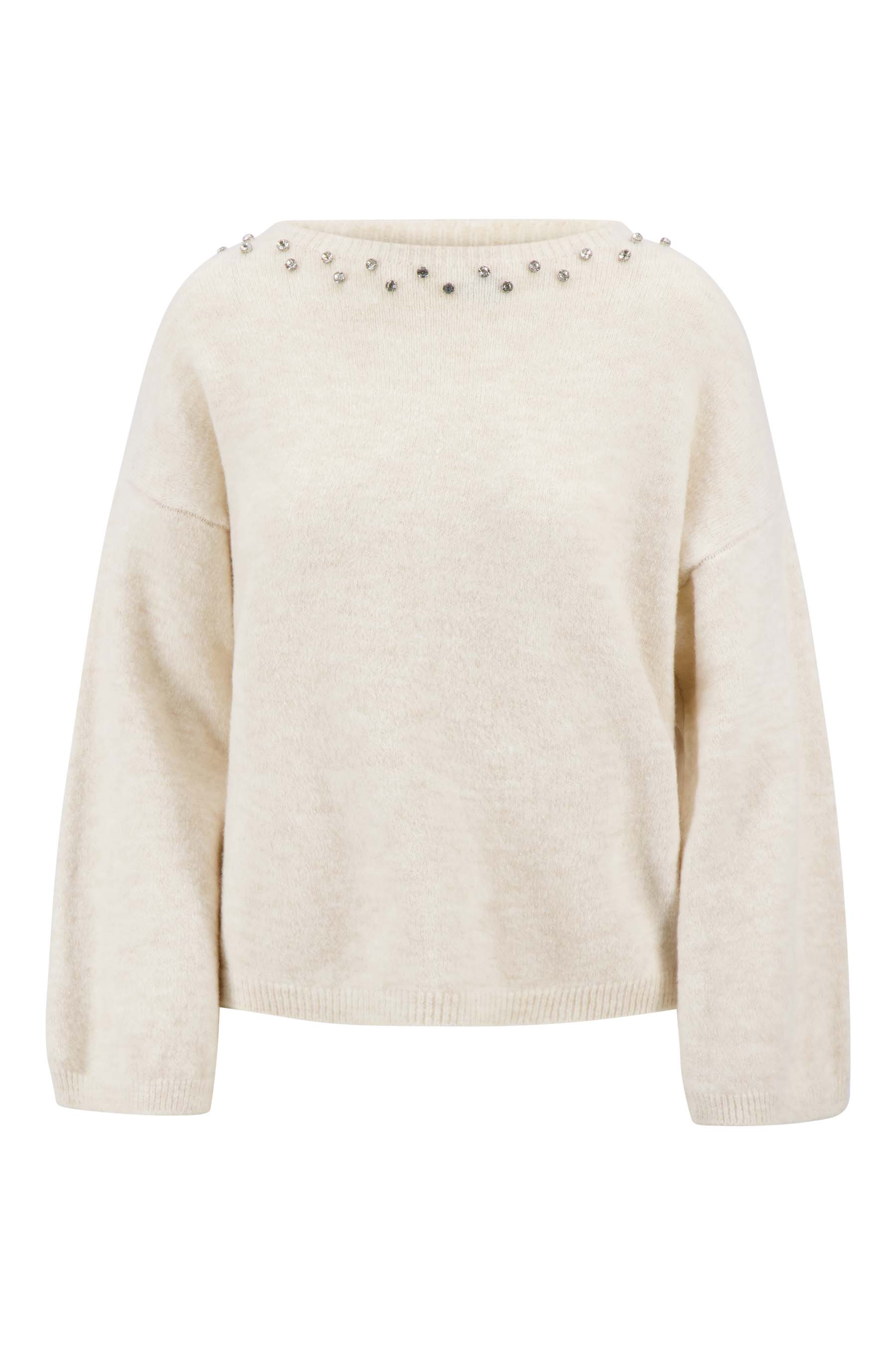 Fluffy Sweater with Rhinestone Neckline