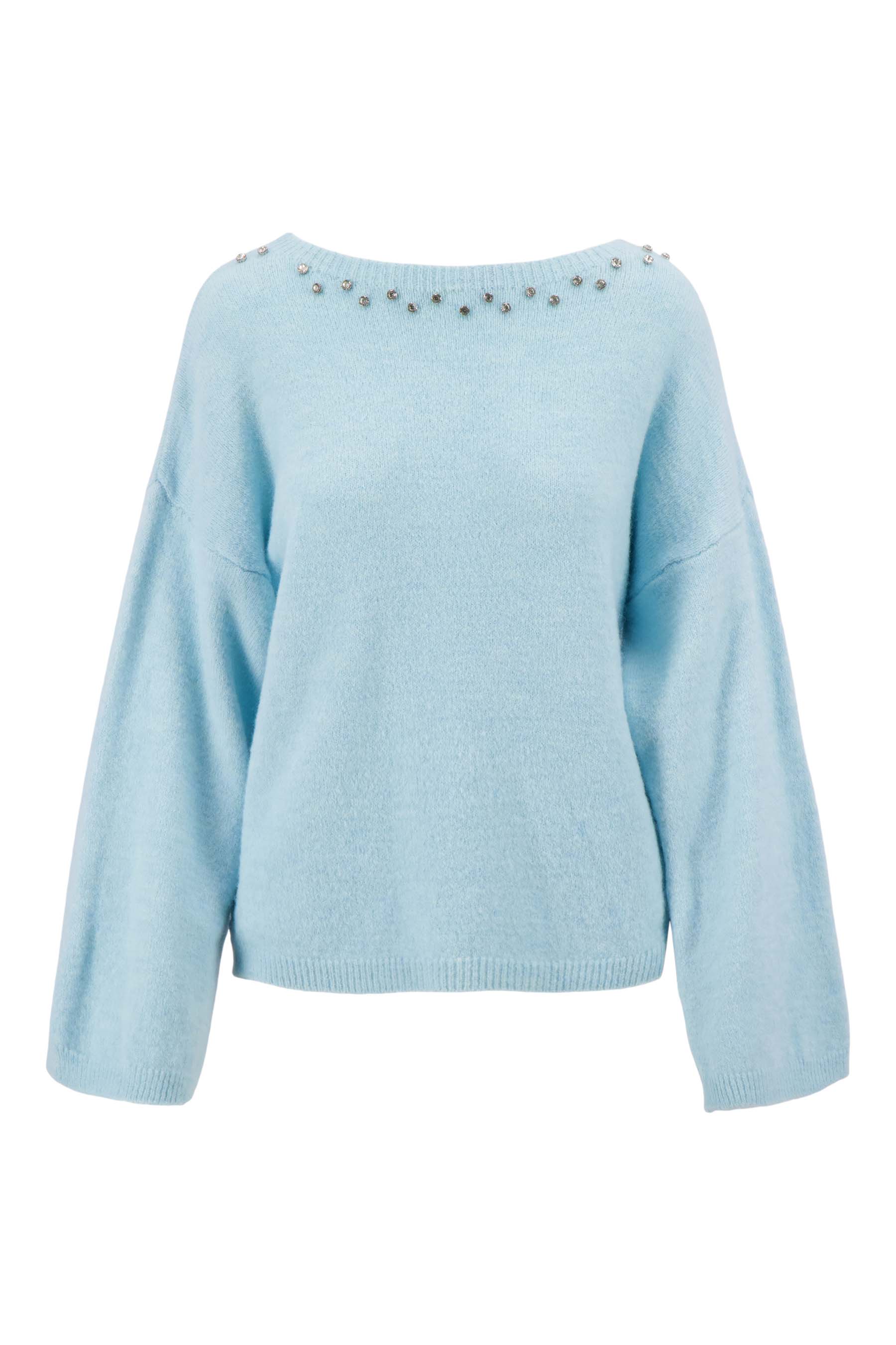 Fluffy Sweater with Rhinestone Neckline