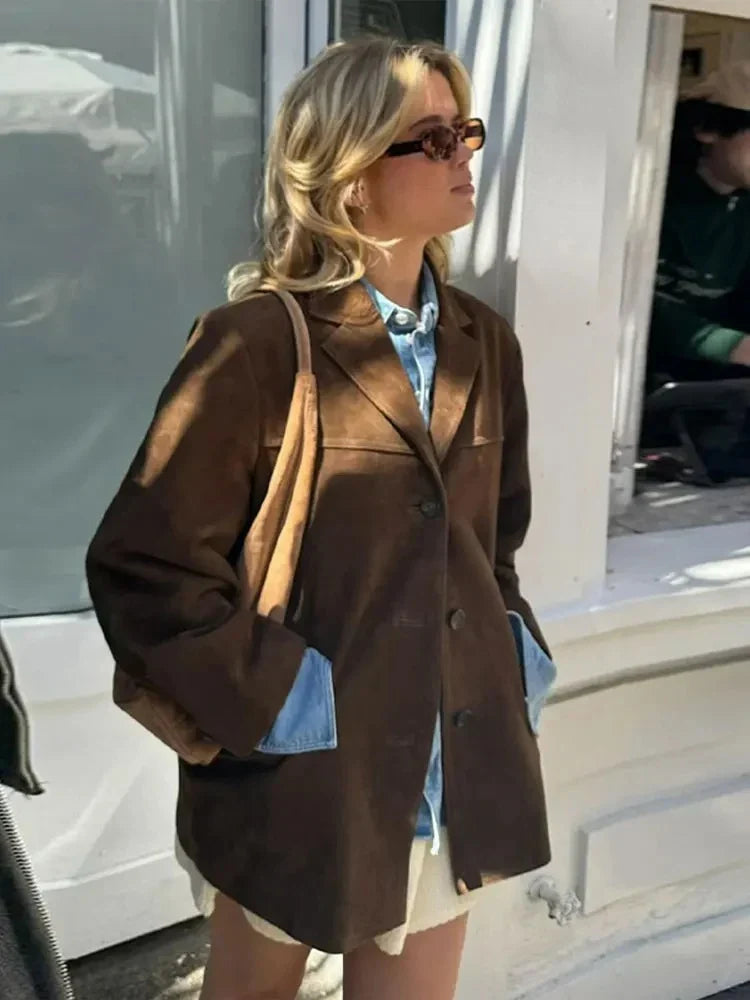 Sacou oversized de damă - Aspect de piele întoarsă maro și guler cu rever