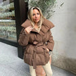 Women's Belted Puffer Coat with Stand Collar