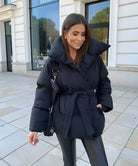 Women's Belted Puffer Coat with Stand Collar