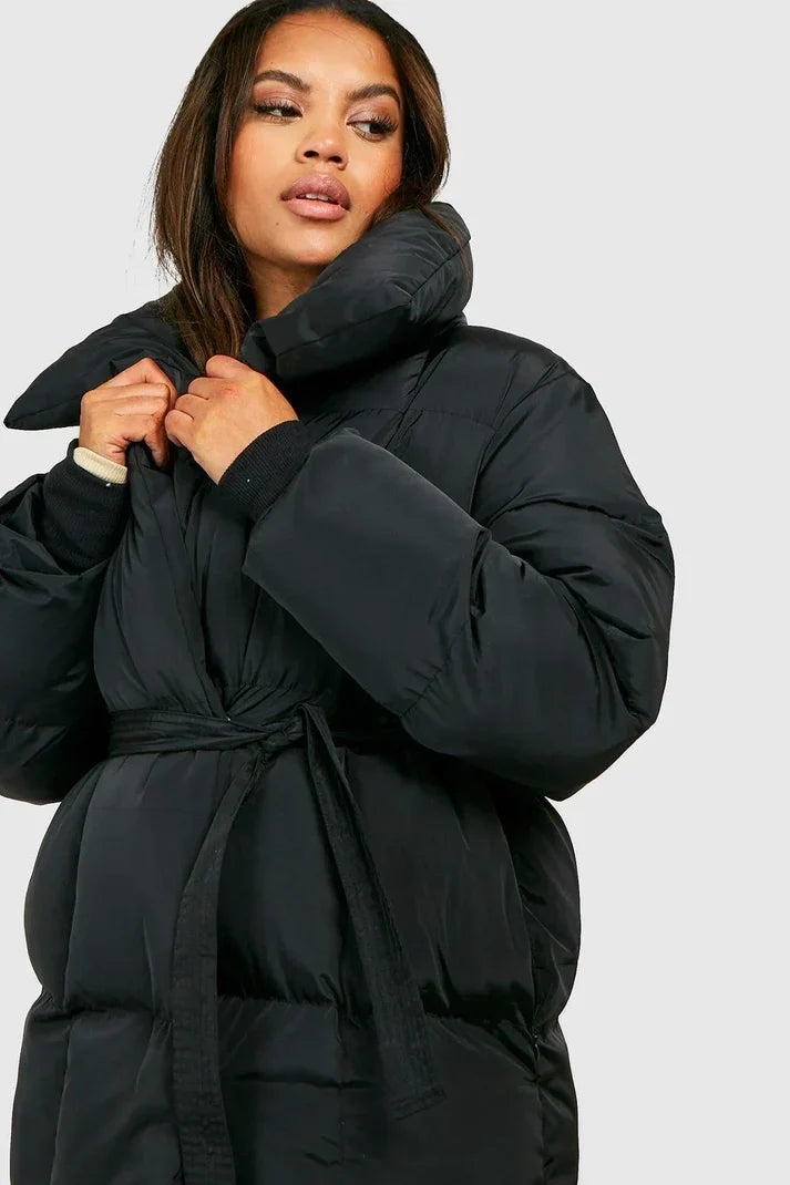 Women's Belted Puffer Coat with Stand Collar